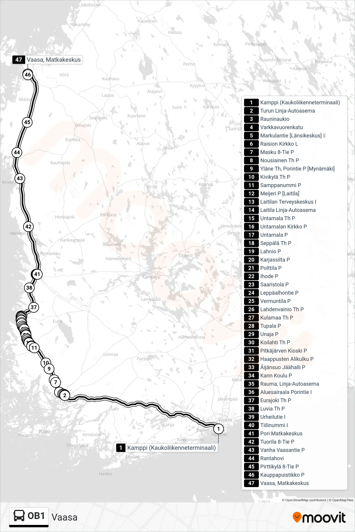 Linjan  OB1 reitti ja pysäkit kartalla bussi , Vaasa