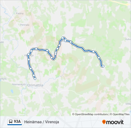 93A bussi -linjakartta