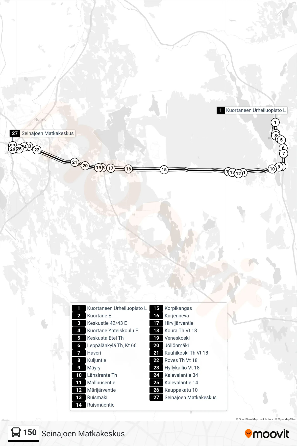 150 bus Line (Seinäjoki Travel Center) route and stops on a map
