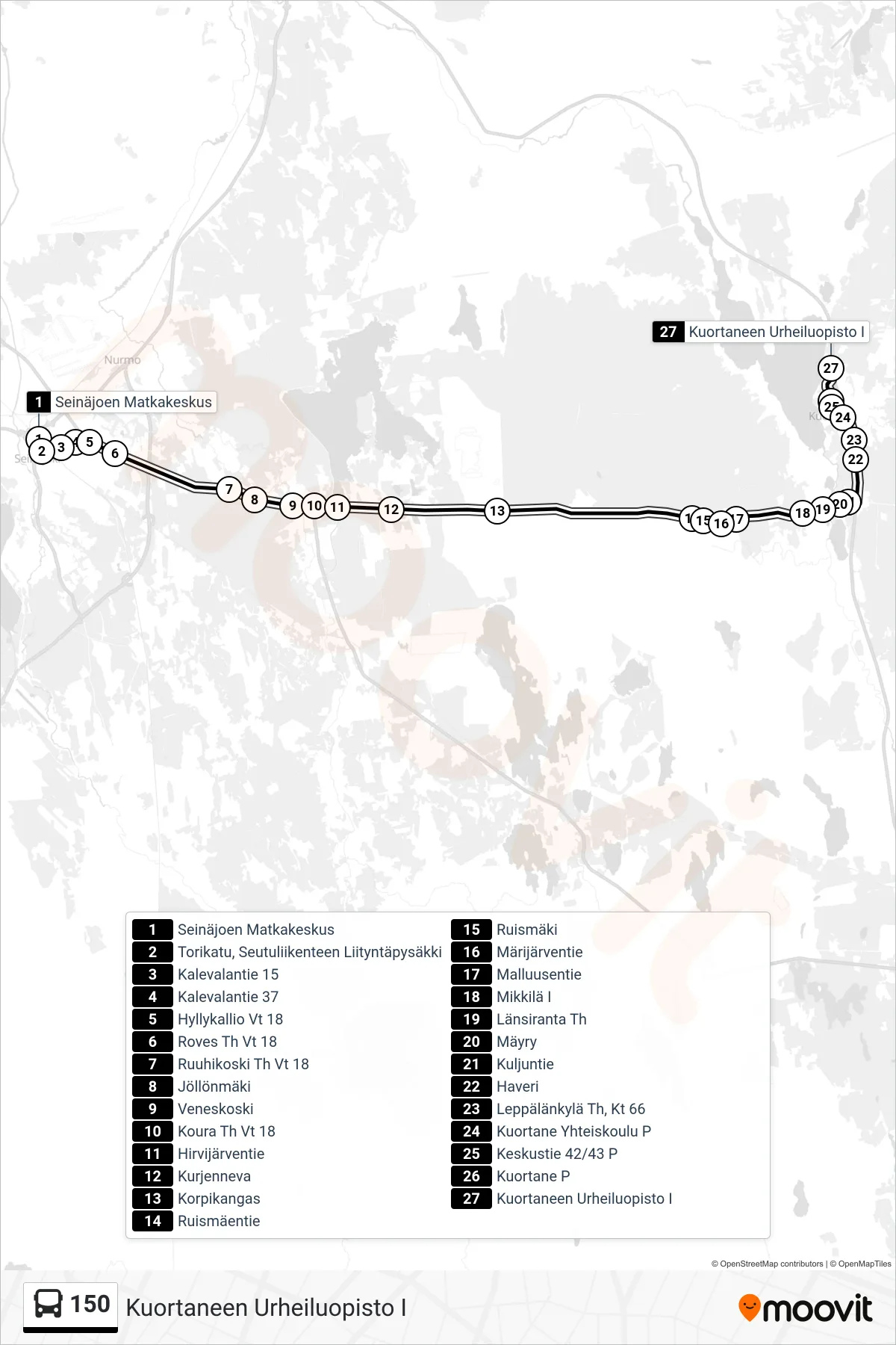 150 bus Line (Kuortane Sports Institute I) route and stops on a map