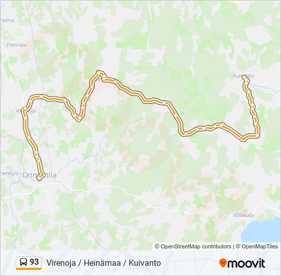 93 Reitti: Aikataulut, pysäkit ja kartat – Virenoja / Heinämaa / Kuivanto  (päivitetty)