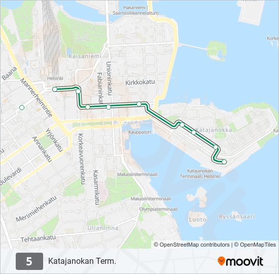 5 Reitti: Aikataulut, pysäkit ja kartat – Katajanokan Term. (päivitetty)