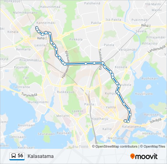 56 Reitti: Aikataulut, pysäkit ja kartat – Kalasatama (päivitetty)