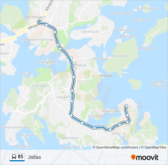 85 Reitti: Aikataulut, pysäkit ja kartat – Jollas (päivitetty)