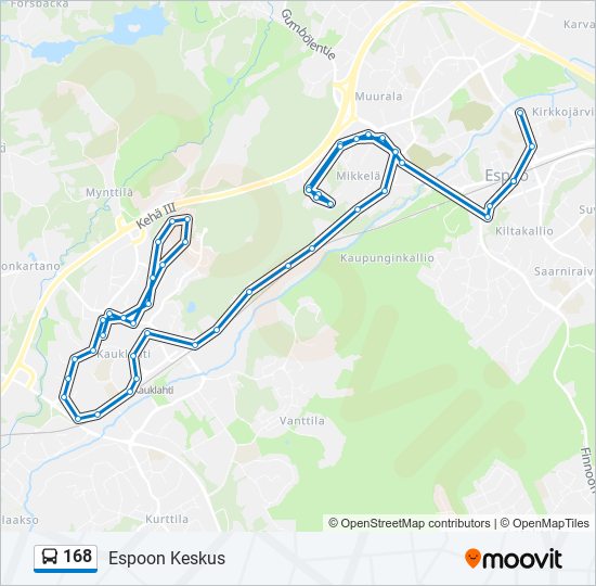 168 Reitti: Aikataulut, pysäkit ja kartat – Espoon Keskus (päivitetty)