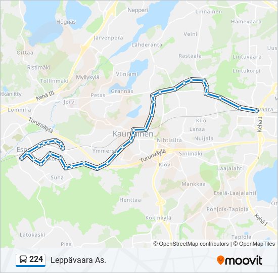 224 Reitti: Aikataulut, pysäkit ja kartat – Leppävaara As. (päivitetty)