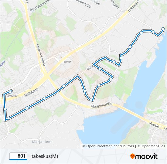 801 Reitti: Aikataulut, pysäkit ja kartat – Itäkeskus(M) (päivitetty)