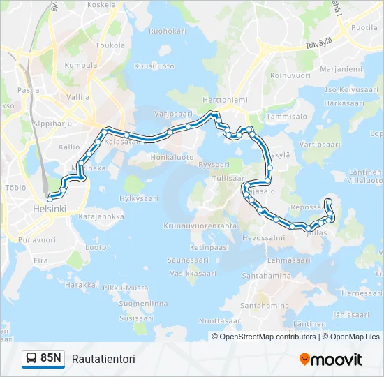 85N bussi -linjakartta