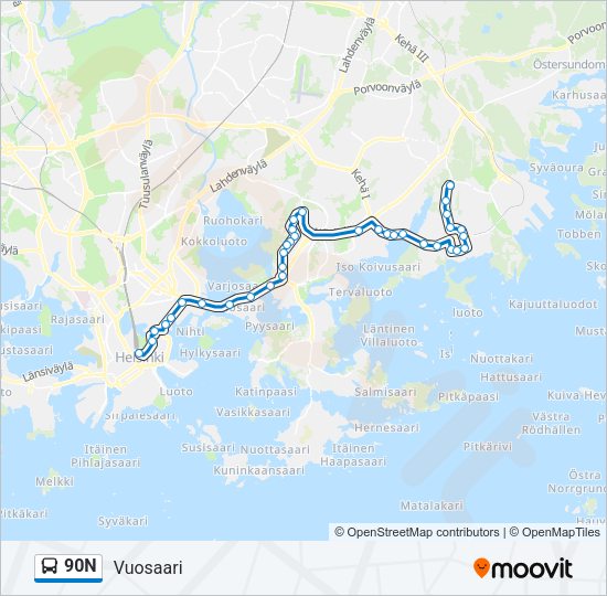 90N bussi -linjakartta