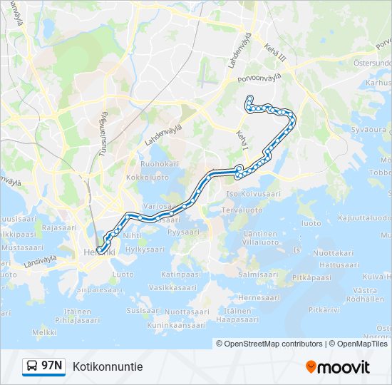 97N bussi -linjakartta