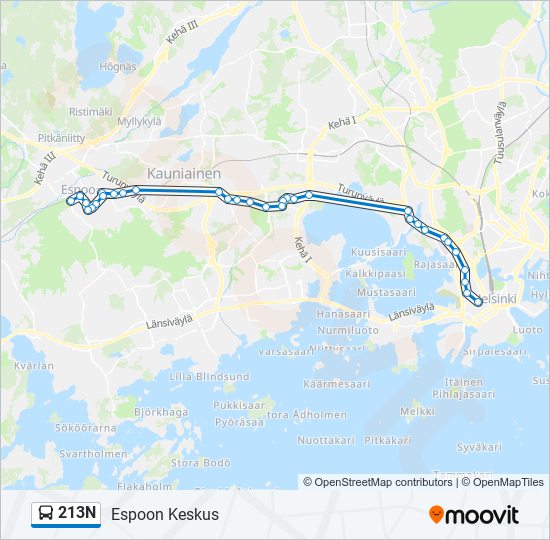 213n Reitti: Aikataulut, pysäkit ja kartat – Espoon Keskus (päivitetty)