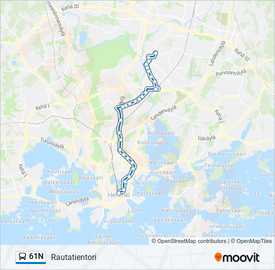 61N bussi -linjakartta