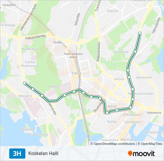 3H raitiovaunu -linjakartta