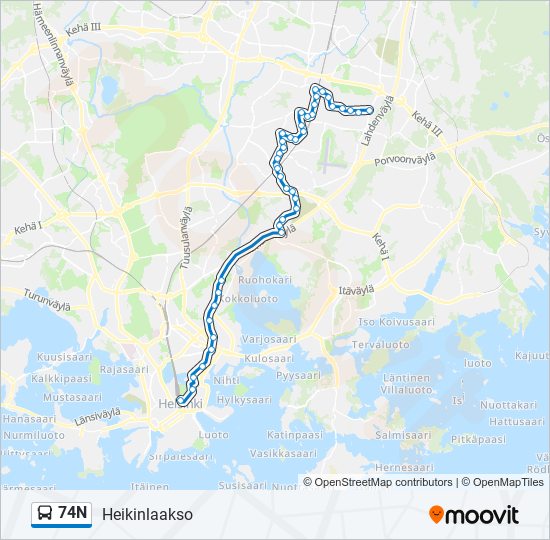 74n Reitti: Aikataulut, pysäkit ja kartat – Heikinlaakso (päivitetty)