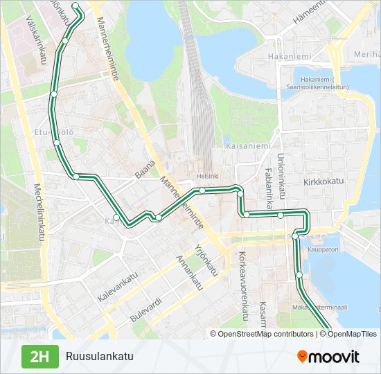 2H raitiovaunu -linjakartta