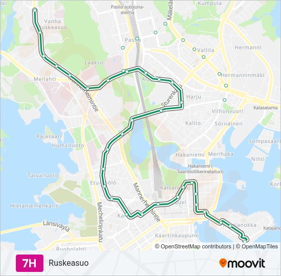 7H raitiovaunu -linjakartta