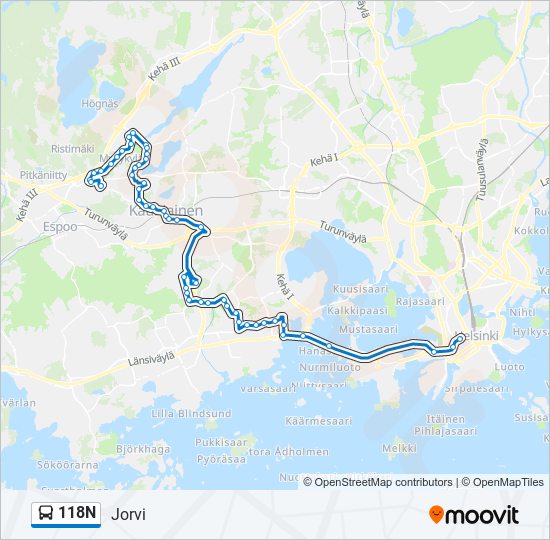 118n Reitti: Aikataulut, pysäkit ja kartat – Jorvi (päivitetty)