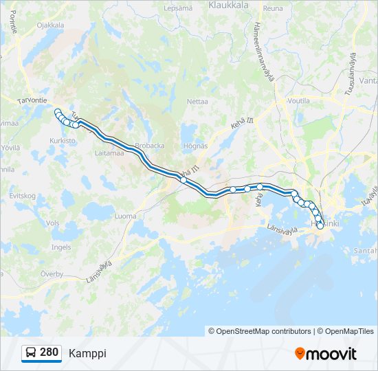 280 bussi -linjakartta