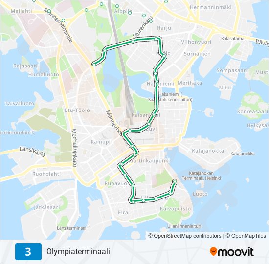 3 raitiovaunu -linjakartta