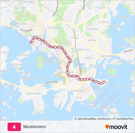 4 Reitti: Aikataulut, pysäkit ja kartat – Munkkiniemi (päivitetty)