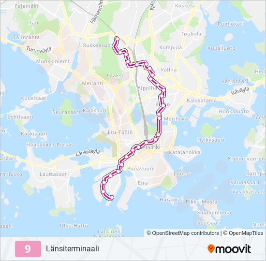 9 raitiovaunu -linjakartta