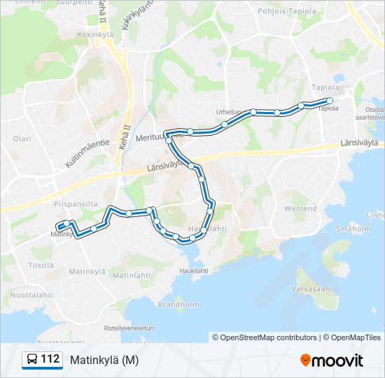 112 Reitti: Aikataulut, pysäkit ja kartat – Matinkylä (M) (päivitetty)