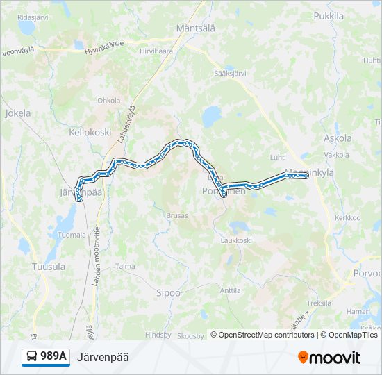 989a Reitti: Aikataulut, pysäkit ja kartat – Järvenpää (päivitetty)