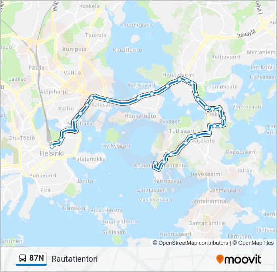 87N bussi -linjakartta