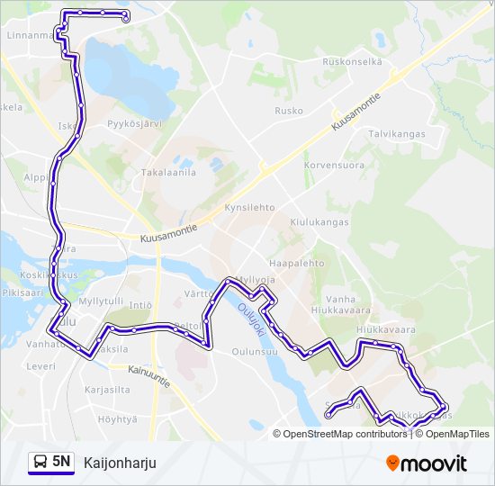 5N bussi -linjakartta