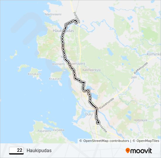 22 Reitti: Aikataulut, pysäkit ja kartat – Haukipudas (päivitetty)