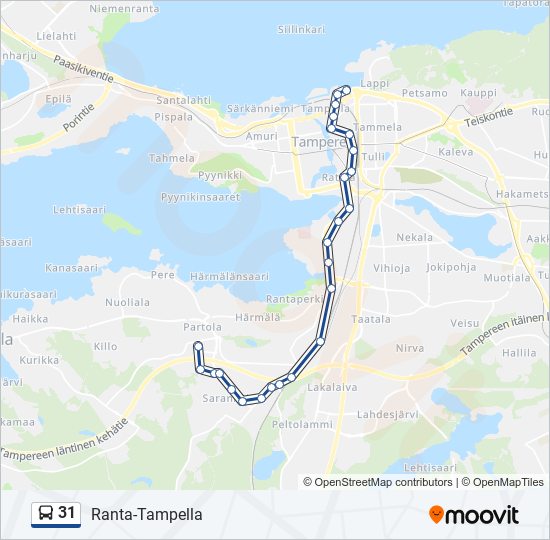 31 Reitti: Aikataulut, pysäkit ja kartat – Ranta-Tampella (päivitetty)