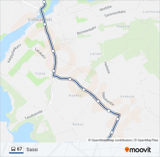 67 Reitti: Aikataulut, pysäkit ja kartat – Sassi (päivitetty)