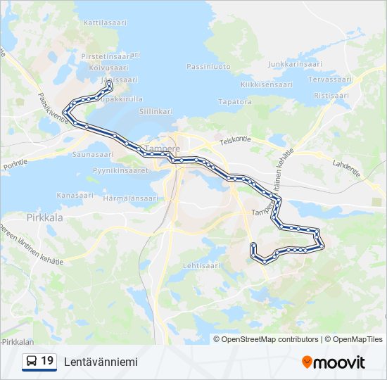 19 Reitti: Aikataulut, pysäkit ja kartat – Lentävänniemi (päivitetty)