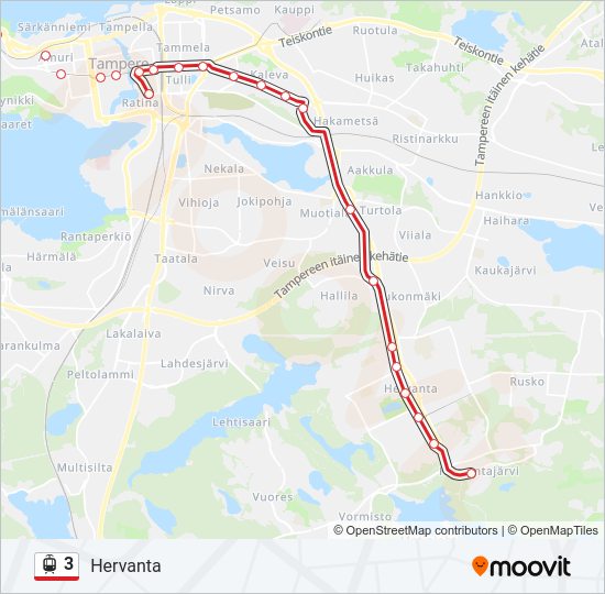 3 raitiovaunu -linjakartta