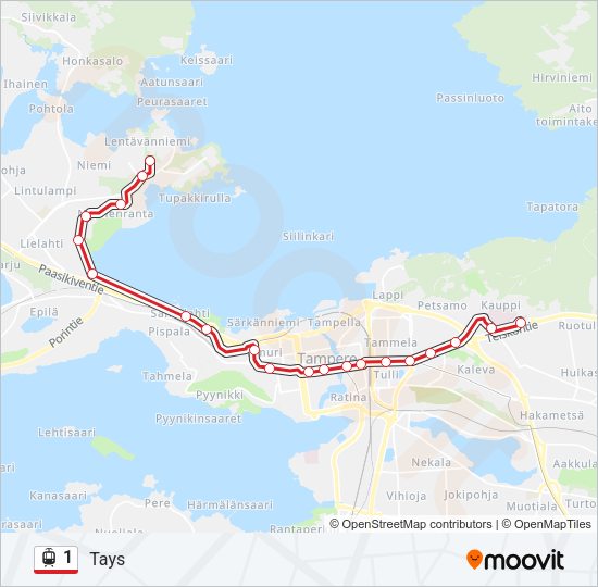 1 raitiovaunu -linjakartta