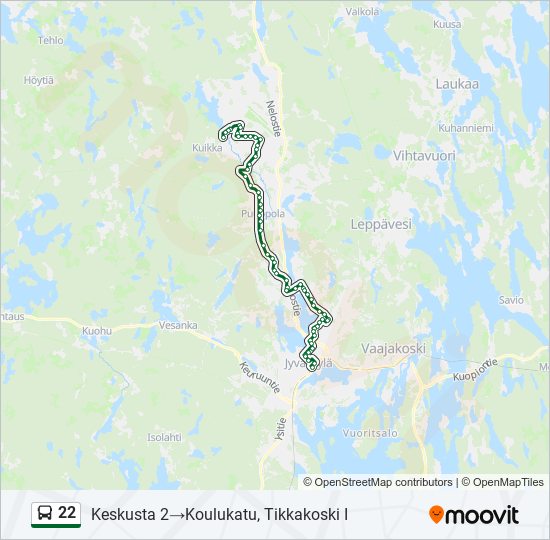 22 Reitti: Aikataulut, pysäkit ja kartat – Keskusta 2‎→Koulukatu, Tikkakoski  I (päivitetty)