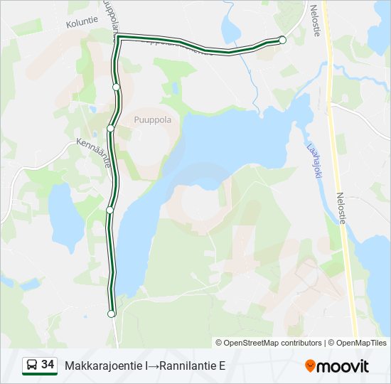 34 Reitti: Aikataulut, pysäkit ja kartat – Makkarajoentie I‎→Rannilantie E  (päivitetty)