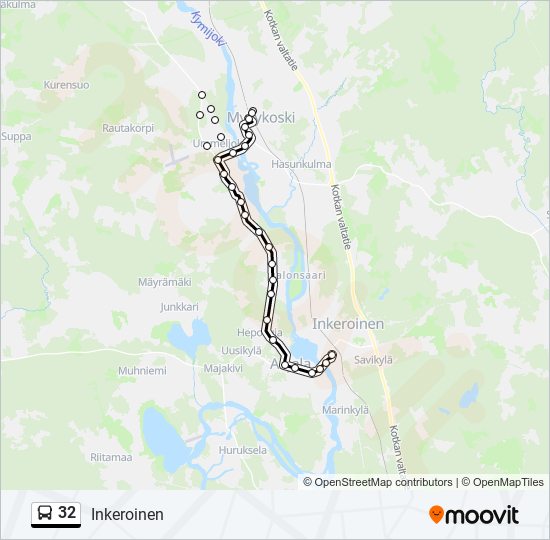 32 Reitti: Aikataulut, pysäkit ja kartat – Inkeroinen (päivitetty)