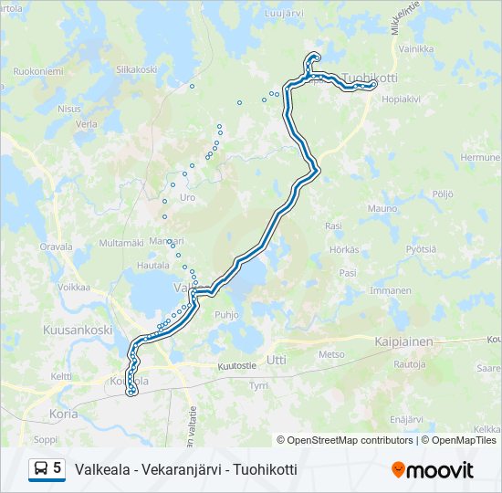 5 Reitti: Aikataulut, pysäkit ja kartat – Valkeala - Vekaranjärvi -  Tuohikotti (päivitetty)