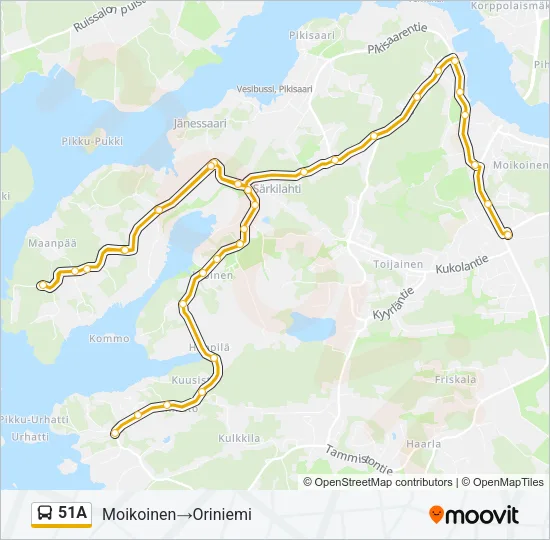 51A bussi -linjakartta