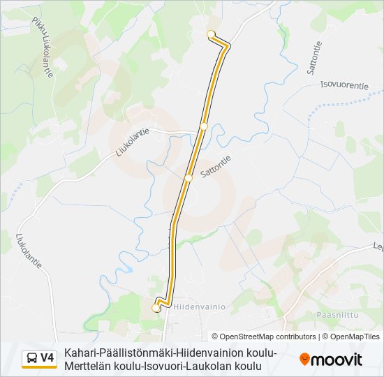 v4 Reitti: Aikataulut, pysäkit ja kartat – Hiidenvainion Koulu  (Pohj.)‎→Merttelän Koulu (päivitetty)