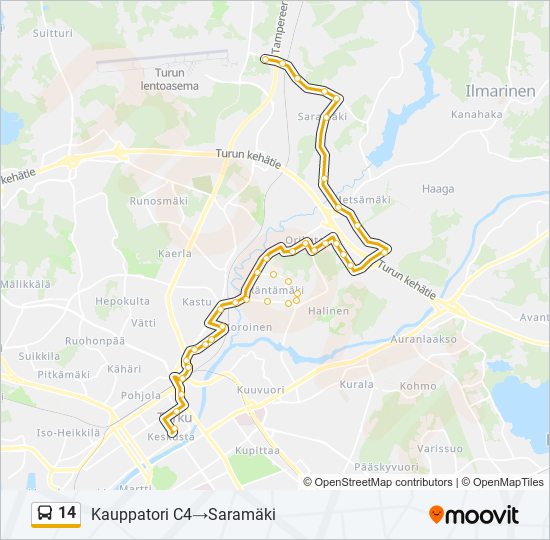 14 Reitti: Aikataulut, pysäkit ja kartat – Kauppatori C4‎→Saramäki  (päivitetty)