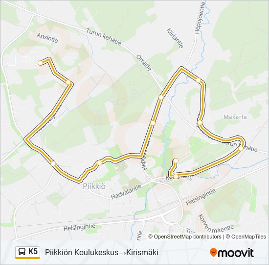 k5 Reitti: Aikataulut, pysäkit ja kartat – Piikkiön Koulukeskus‎→Kirismäki  (päivitetty)