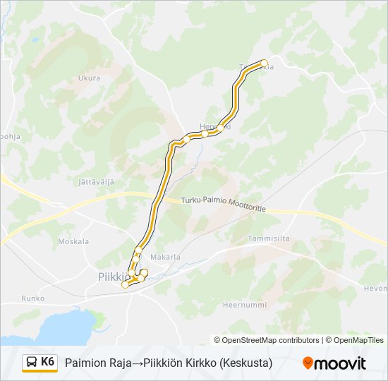 k6 Reitti: Aikataulut, pysäkit ja kartat – Paimion Raja‎→Piikkiön Kirkko  (päivitetty)