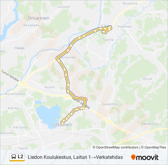 l2 Reitti: Aikataulut, pysäkit ja kartat – Liedon Koulukeskus, Laituri  1‎→Verkatehdas (päivitetty)