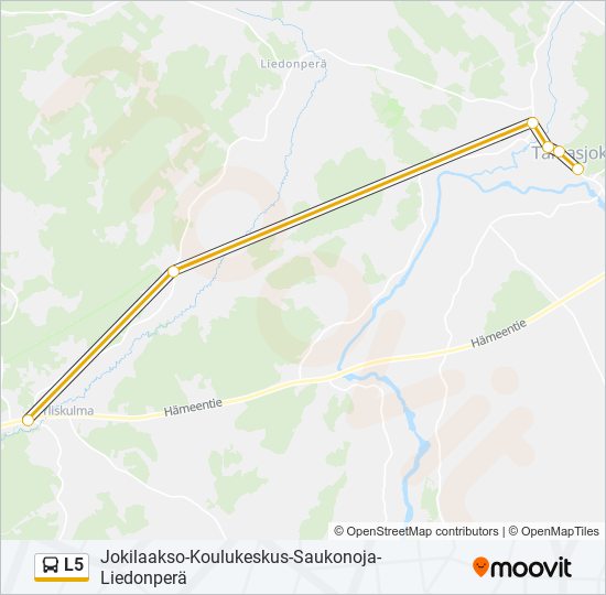 l5 Reitti: Aikataulut, pysäkit ja kartat – Yliskulma‎→Tarvasjoen Koulu  (päivitetty)