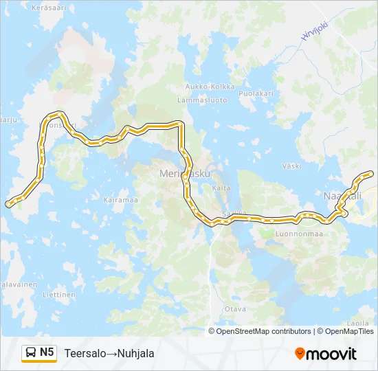 N5 bussi -linjakartta