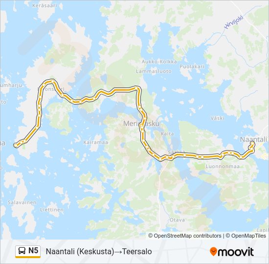 N5 bussi -linjakartta