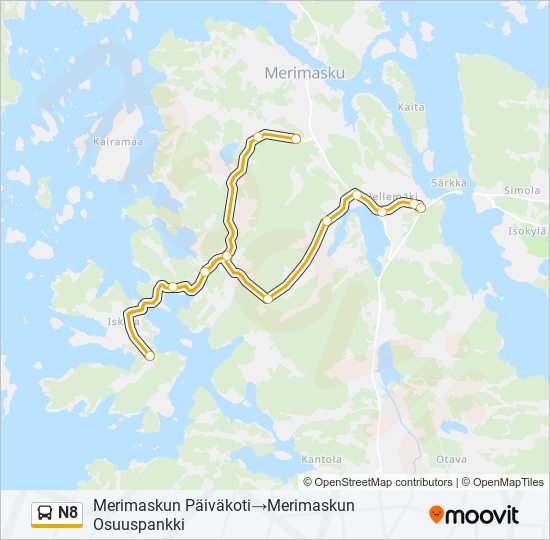 N8 bussi -linjakartta