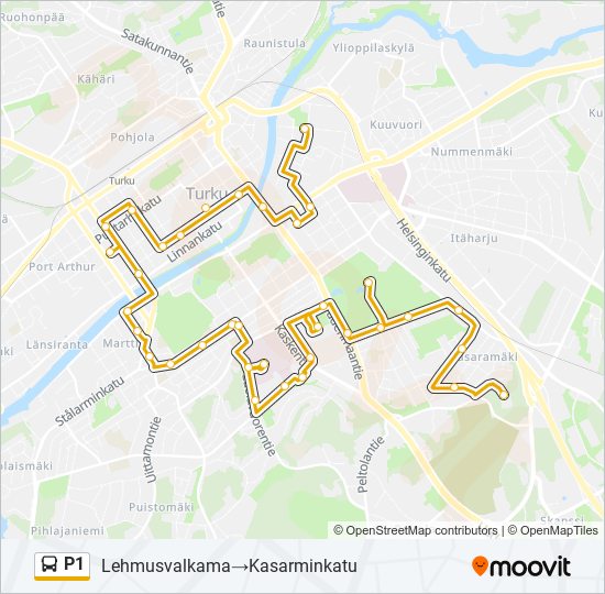 p1 Reitti: Aikataulut, pysäkit ja kartat – Lehmusvalkama‎→Kasarminkatu  (päivitetty)